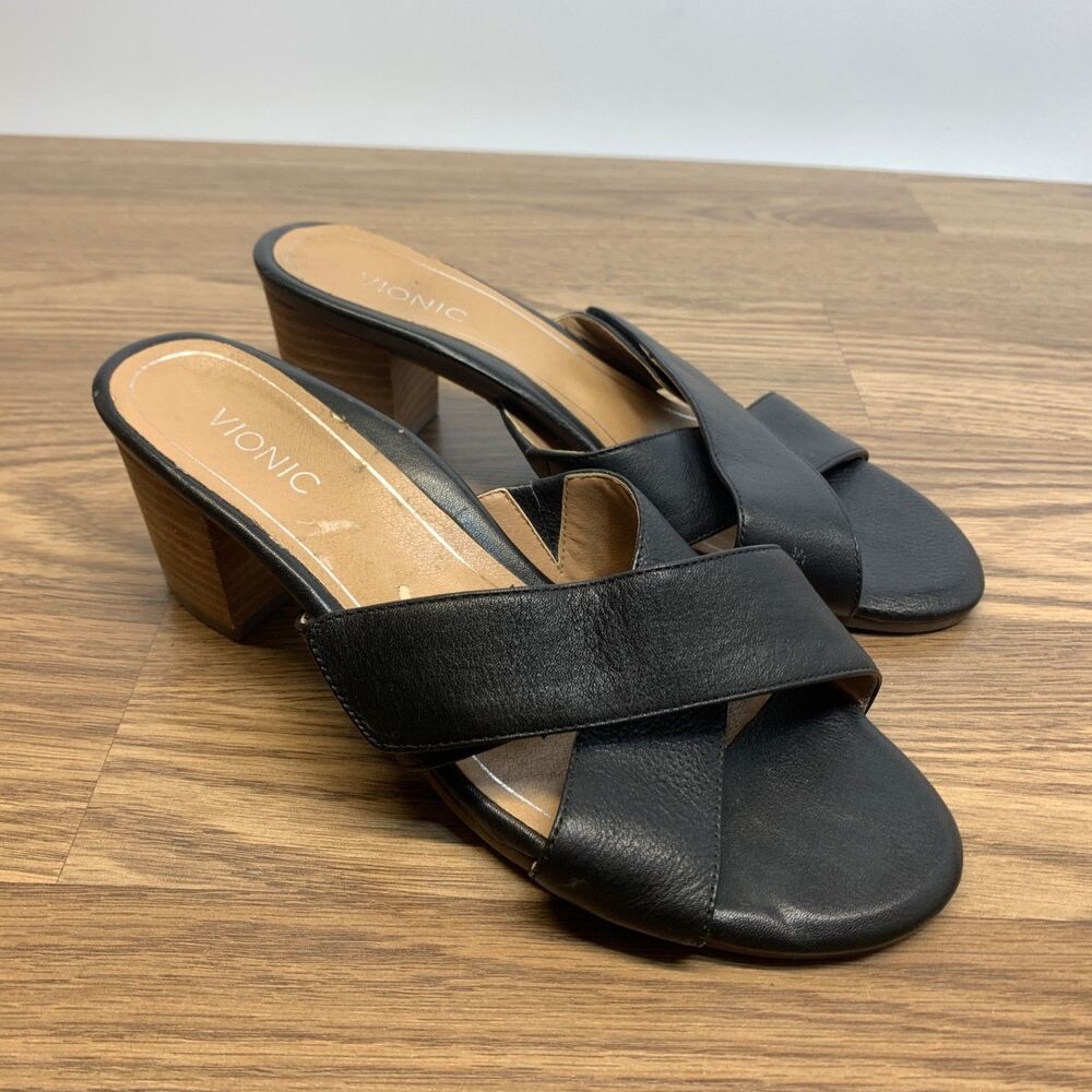 Vionic Leather‎ Cross Strap Heel Slip-on Sandal Lorne Womens Size 8 Black VS299